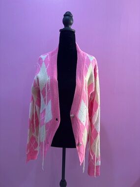 SHEIN Pink and Cream Argyle Open-Front Cardigan